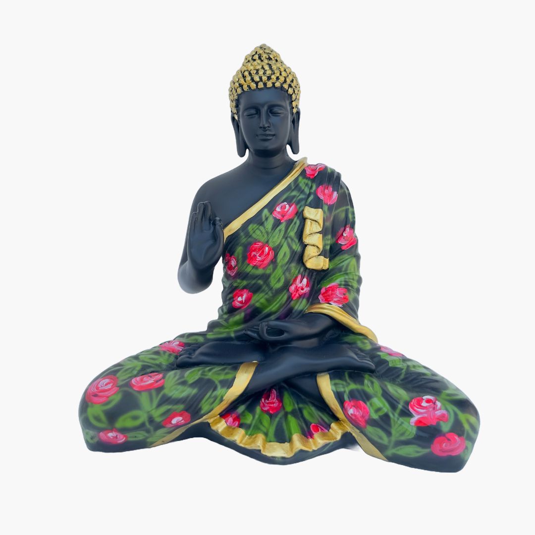 Buddha Statue, Matte Black (Flower Pattern)