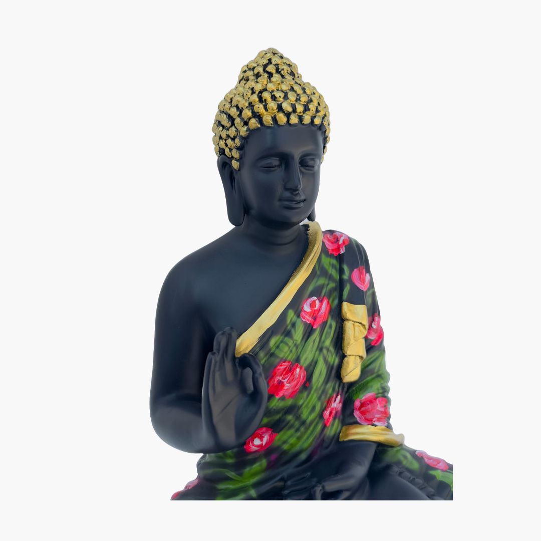 Buddha Statue, Matte Black (Flower Pattern)
