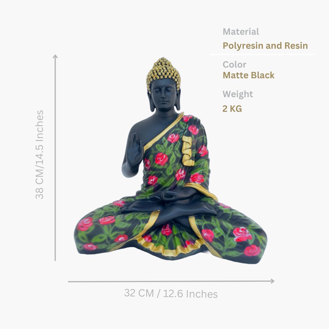 Buddha Statue, Matte Black (Flower Pattern)